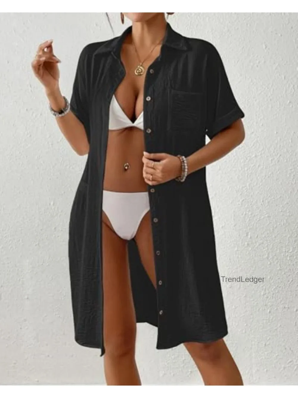 Women's Swimwear Cover Up Knee Length Beach Dress with Pockets Button Down